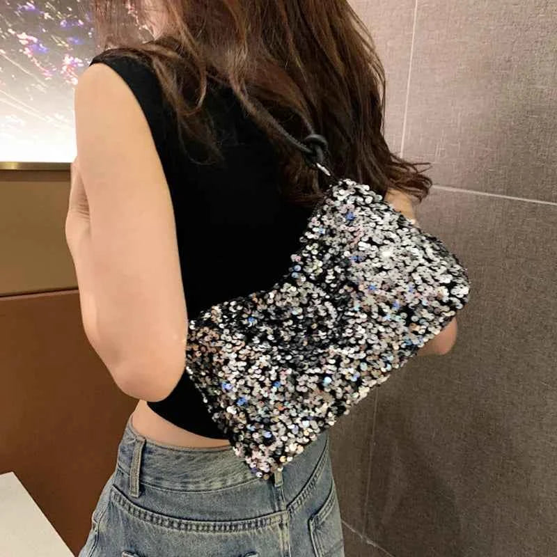 Elegant Sequin Shoulder Bag - Black/Silver Party & Evening