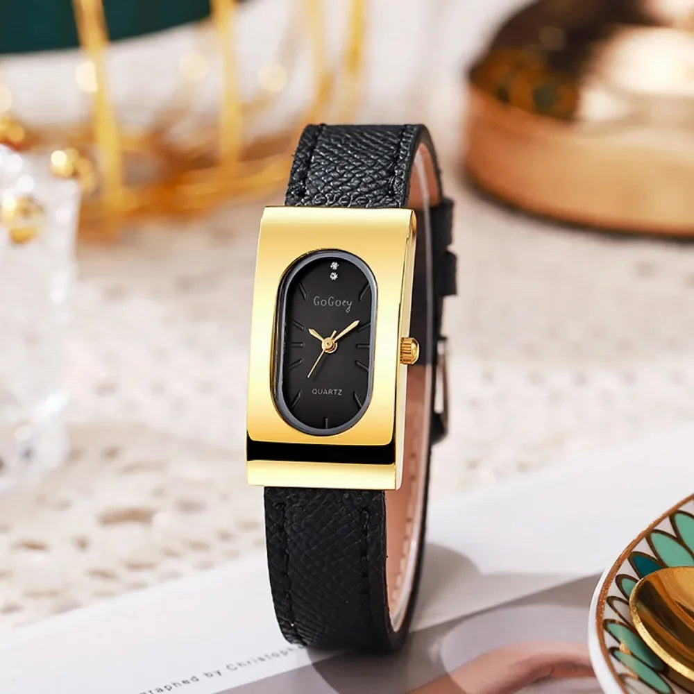 Elegant Ladies Rectangular Quartz Watch - Leather Strap