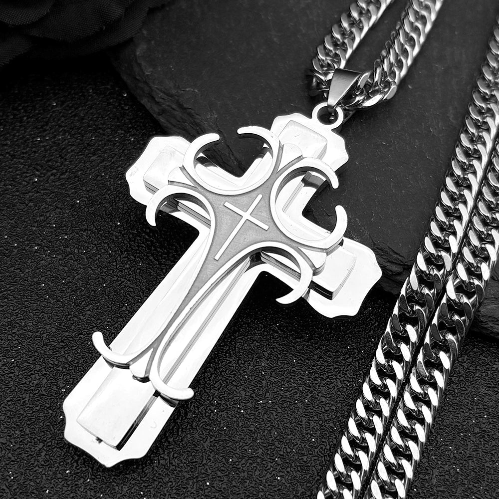 Luxury Layered Cross Pendant Necklace - Stainless Steel