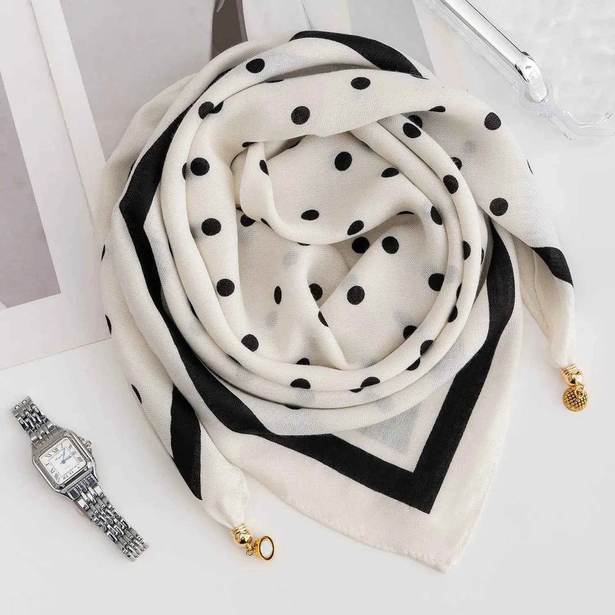 Luxury Silk Square Scarf - Magnetic Buckle & Print