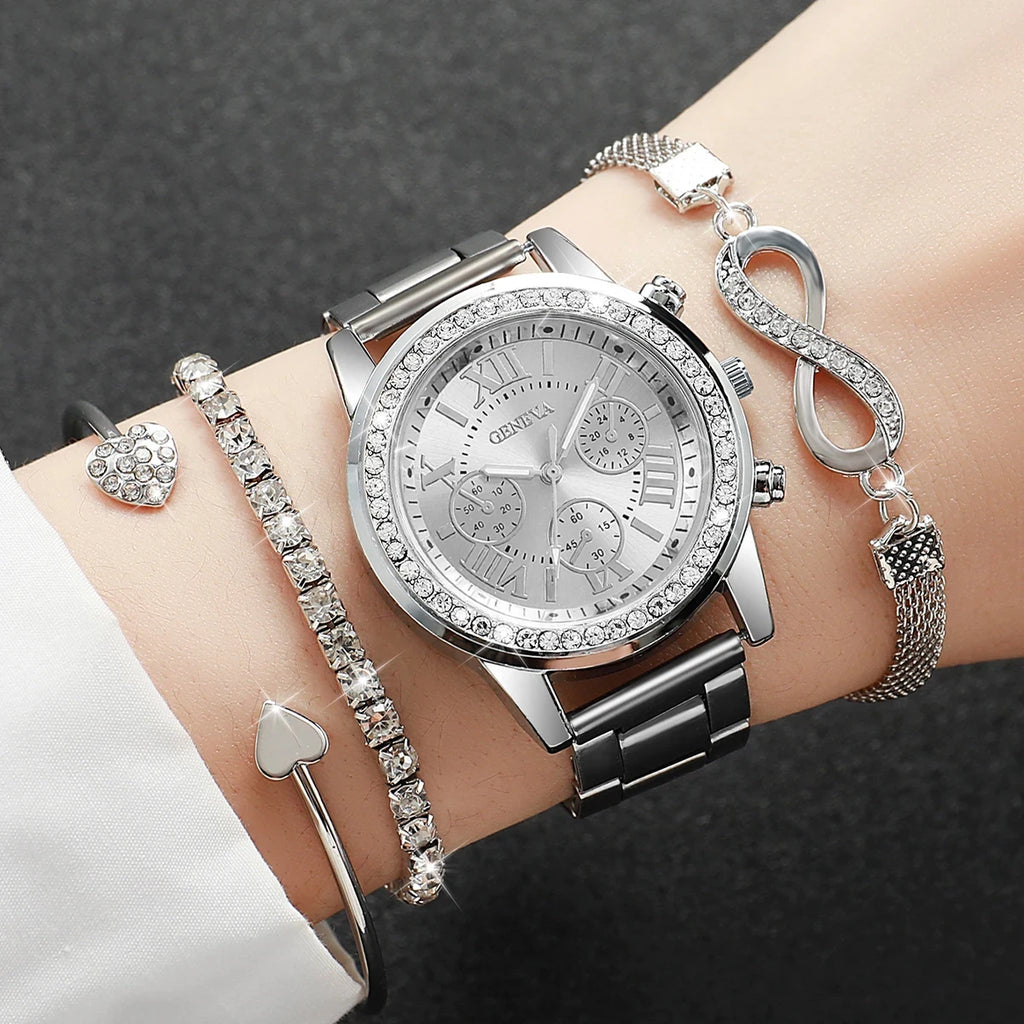 Elegant Ladies Quartz Watch Set - Luxury Rhinestone Steel Band