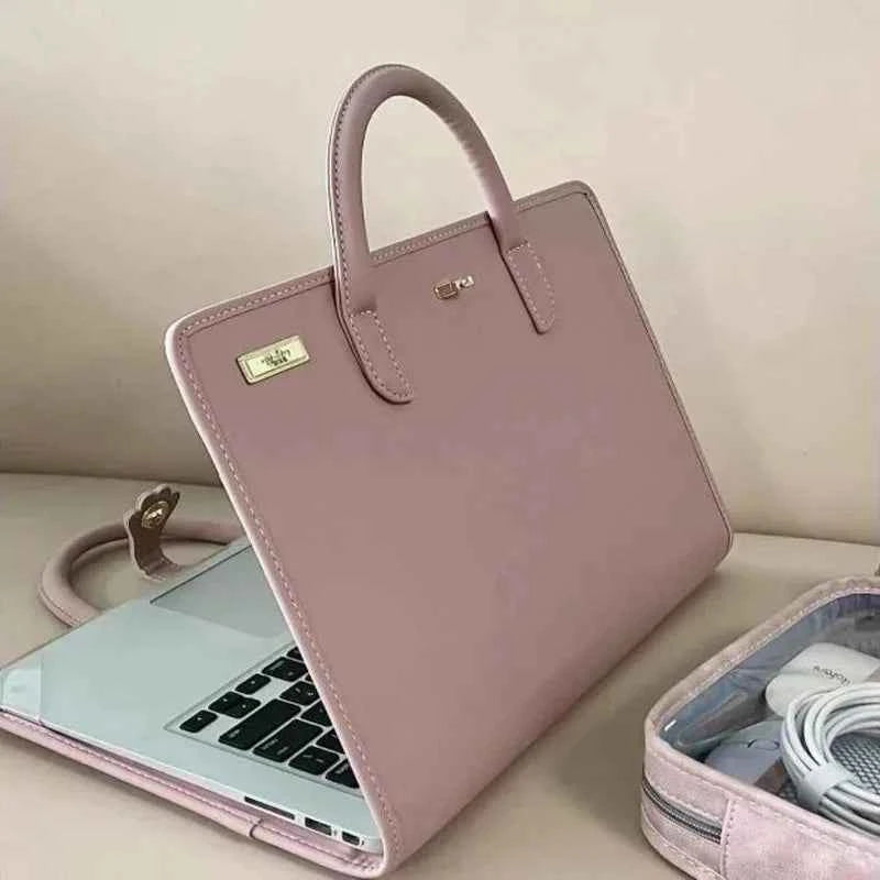 Pink laptop sleeve with handle - premium PU protective case for 14 inch laptop