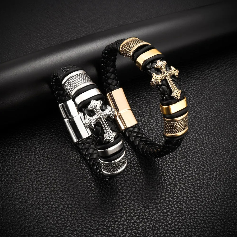Men's titanium steel bracelet - gold and silver options with braided leather and cross design