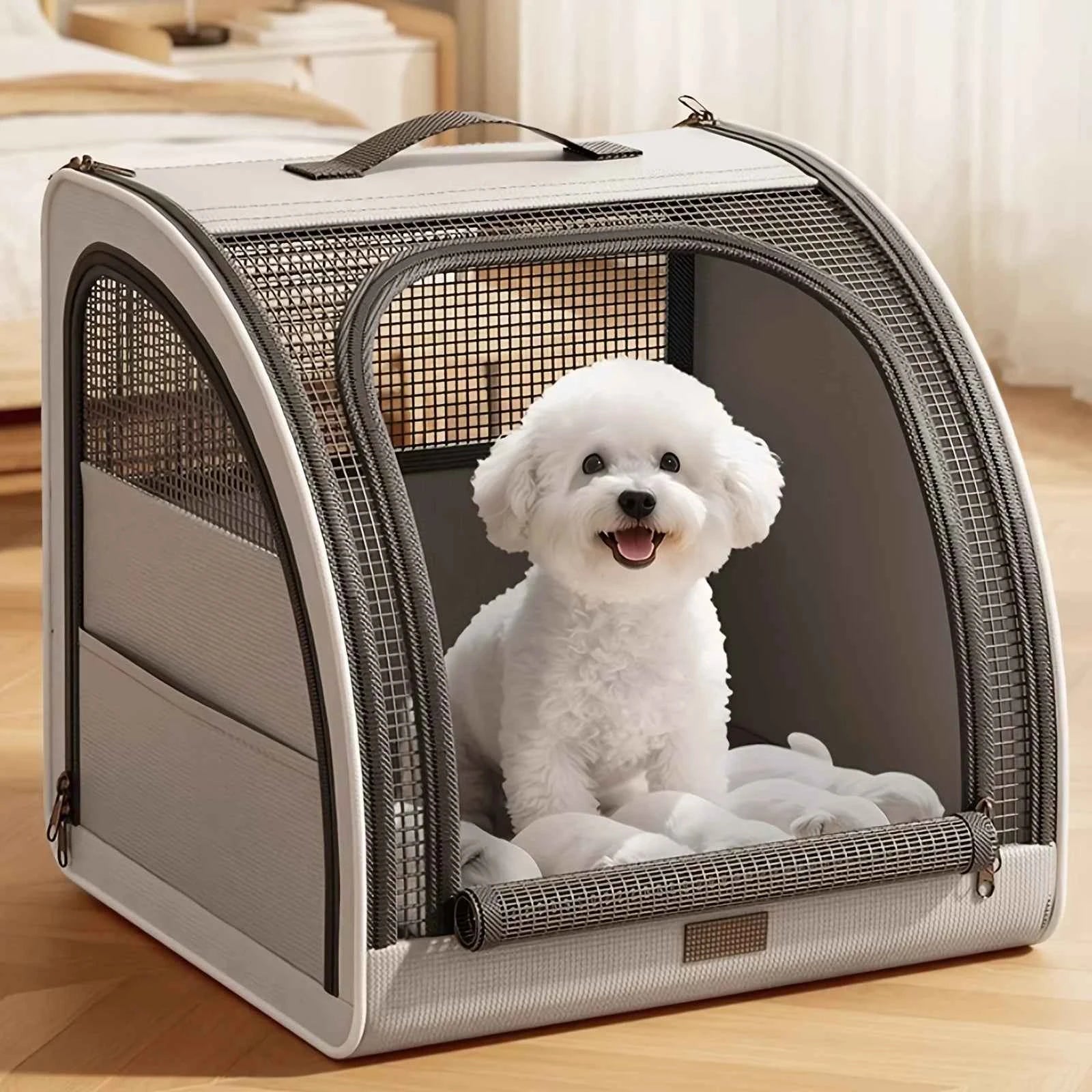 Portable pet car seat - white and yellow pet seat for dogs and cats in a car interior