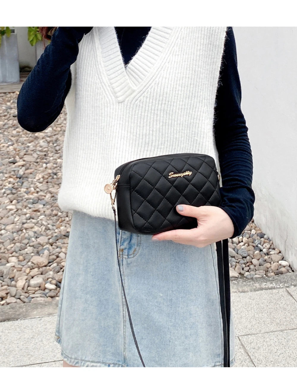 Tassel Embroidery Crossbody Bag - Chic Lingge Plaid Camera Bag with Chain Strap for Women - Tulique