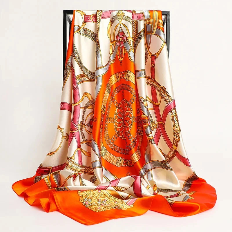 Luxury Print Satin Silk Hair Scarf - 90x90cm Big Square Shawl