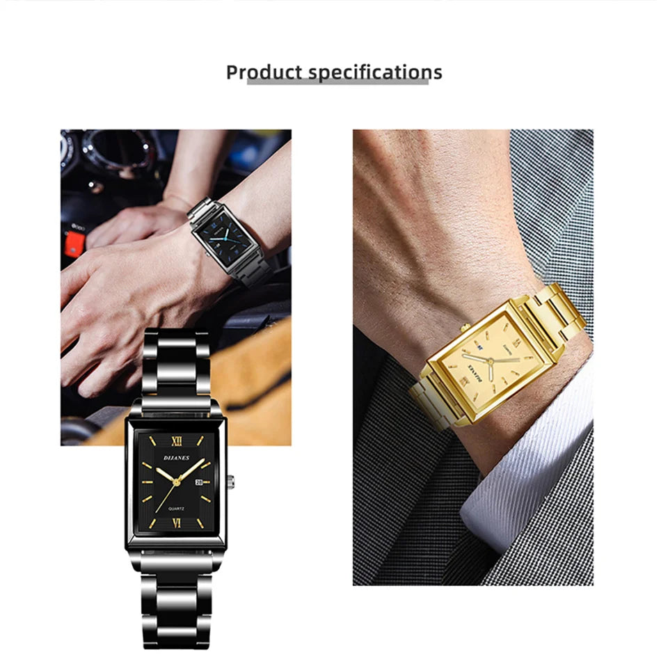 Elegant Men's Rectangle Watch - Stainless Steel Quartz