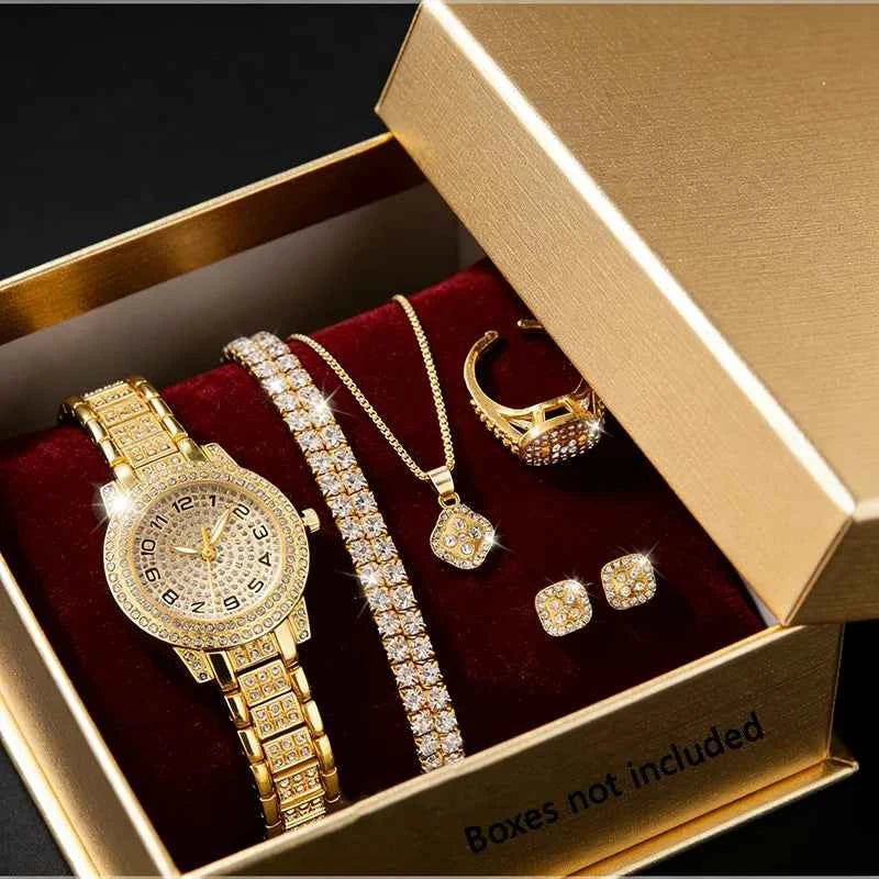Elegant Women Gold Watch Set - Quartz Diamond Wristwatch