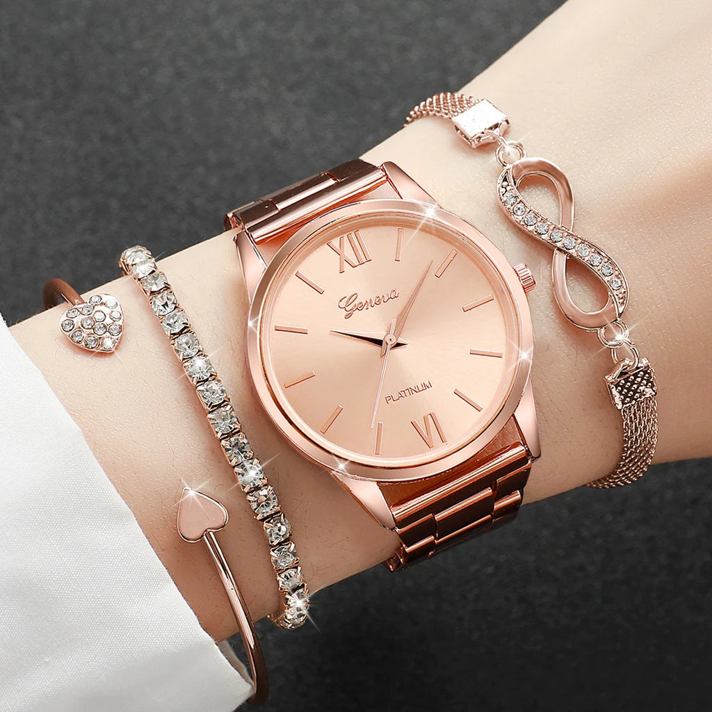 Elegant Ladies Quartz Watch Set - Luxury Rhinestone Steel Band