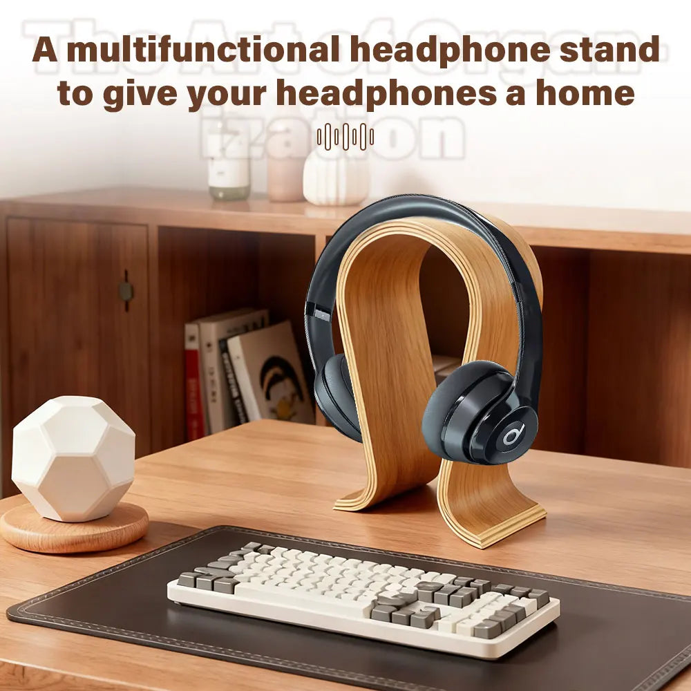 Premium Wooden Headphone Stand - U-Shaped Desktop Display