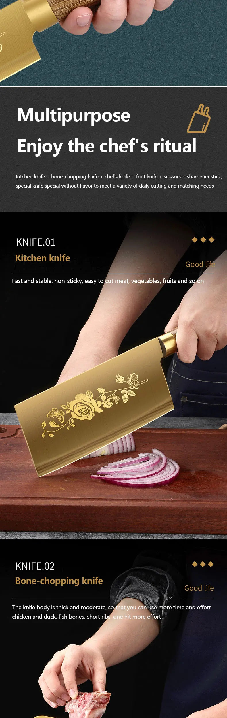 Luxury 4-Piece Chef Knife Set - Golden Rose Pattern Stainless Steel