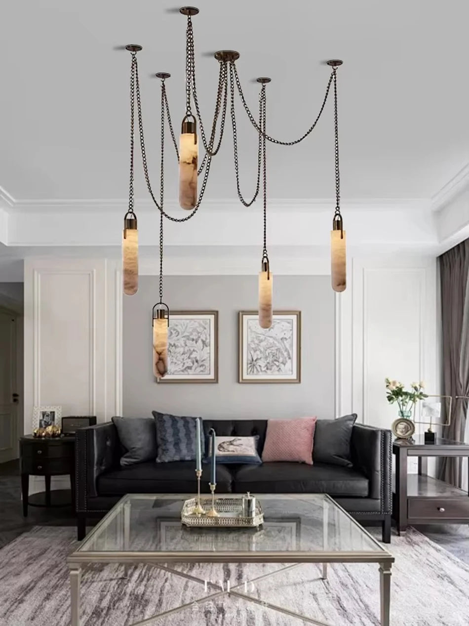 Luxury Marble Pendant Chandelier – Premium Solid Brass Multi-Light Ceiling Lamp for Living Room, Dining Area, Loft & Staircase Decor - Tulique