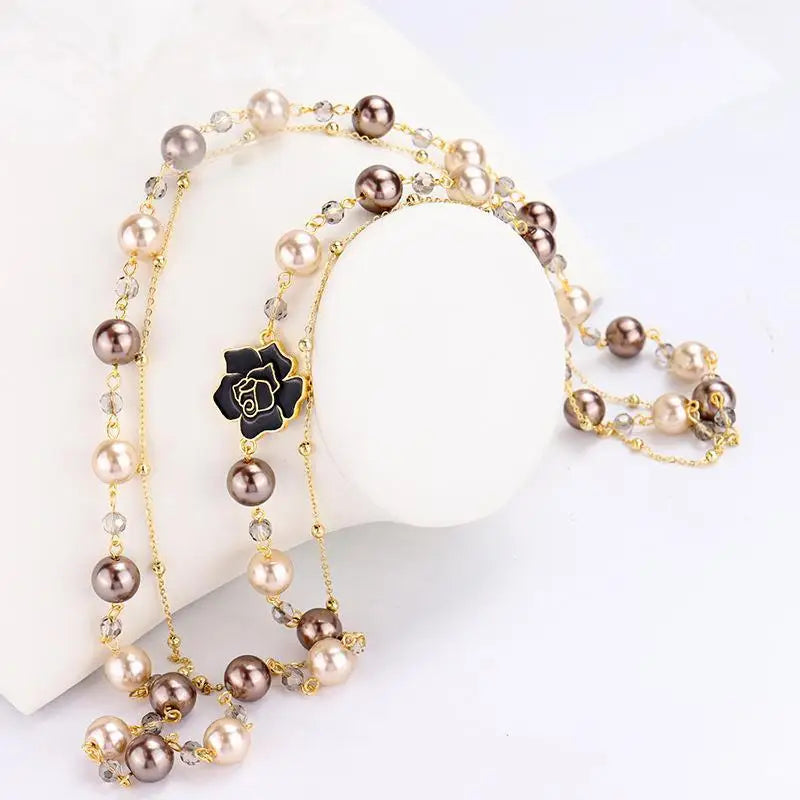 Elegant Long Pearl Necklace - Multilayer Camellia Flower Design