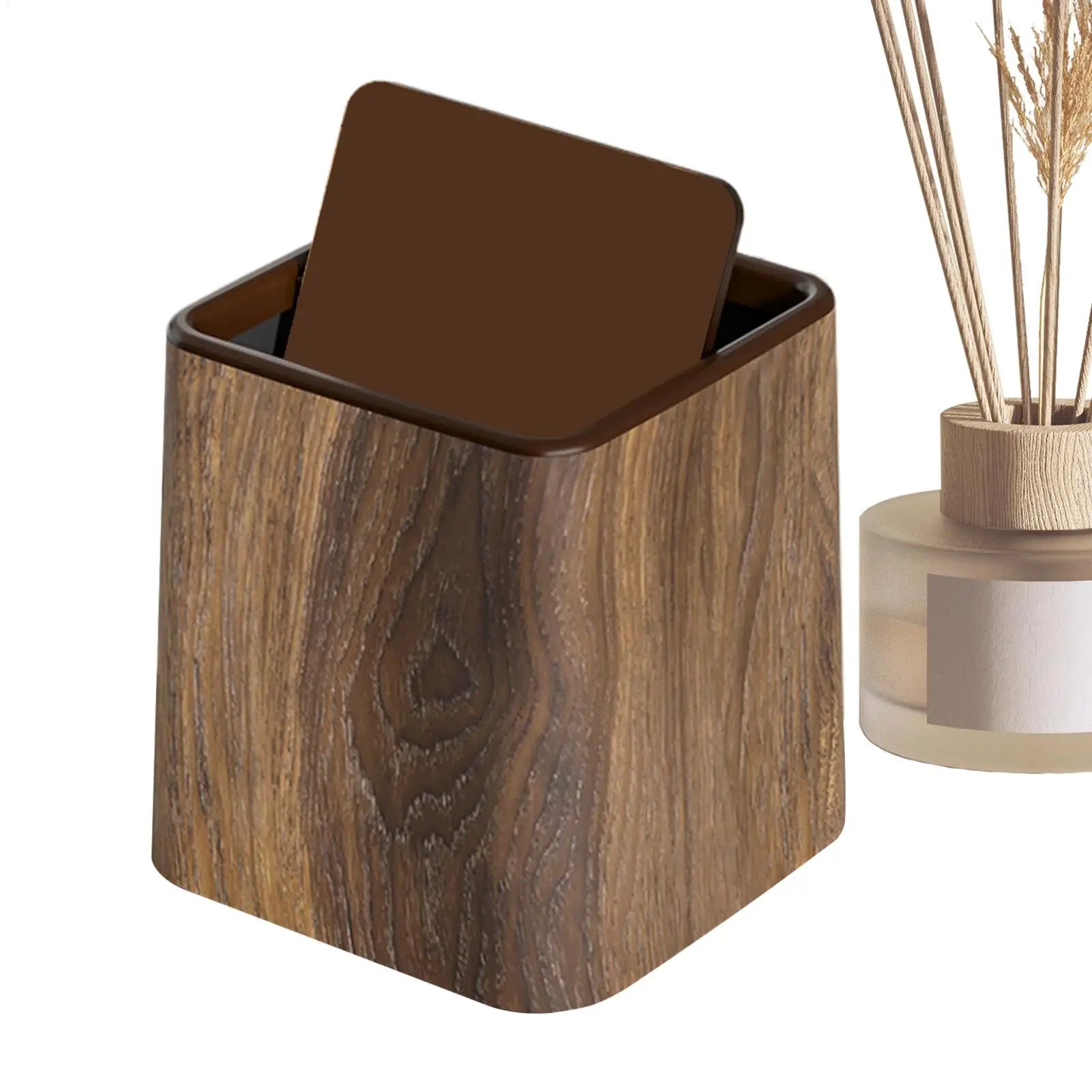 Elegant Small Desk Trash Can - Retro Wood Grain Design
