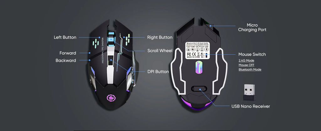 Premium Rechargeable Wireless Mouse - Bluetooth & 2.4GHz Silent RGB