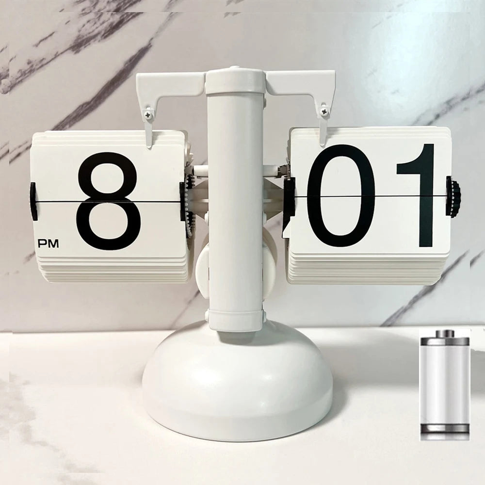 Automatic flipping clock - all white with metal finish, displaying time on a modern desk