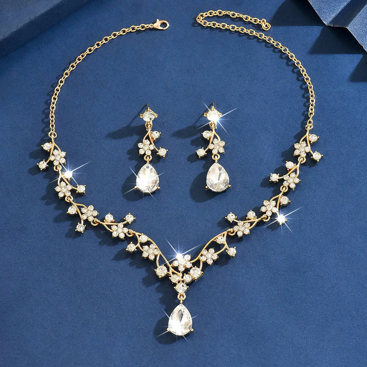 Elegant Floral Rhinestone Bridal Jewelry Set - Necklace & Earrings
