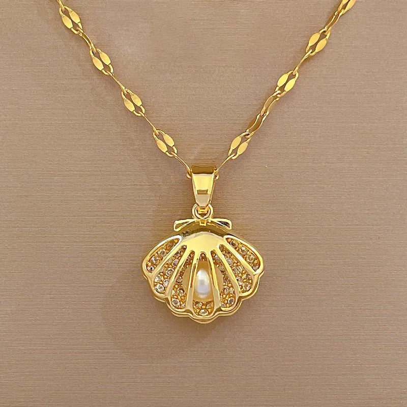 Elegant French Hollow Shell Pearl Necklace - Stainless Steel