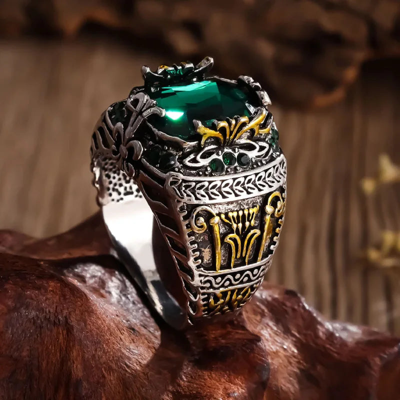 Retro Men's Luxury Green Gemstone Ring - Statement Band