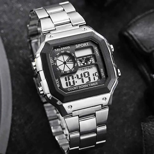 Classic Men's Digital Watch - Stainless Steel LED Wristwatch