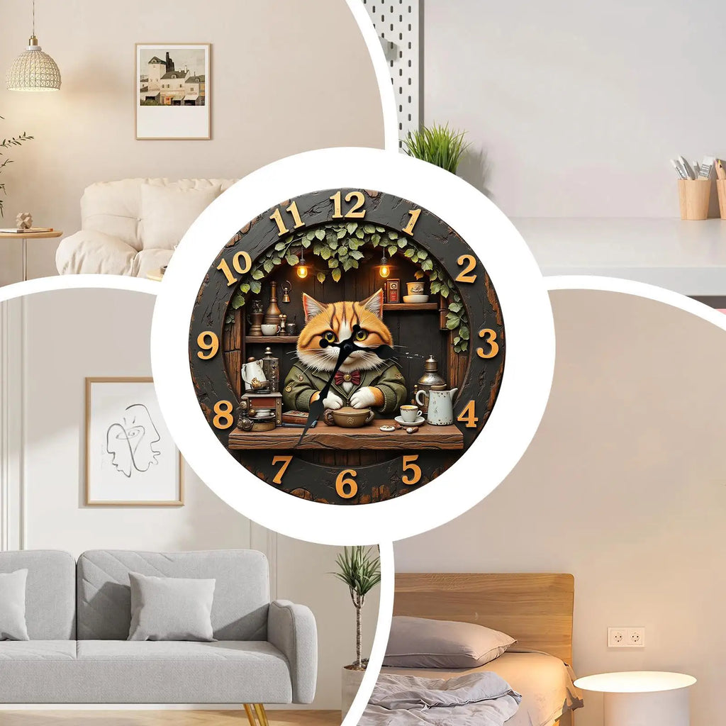 Premium Cat Theme Wall Clock - Silent Wooden Decor