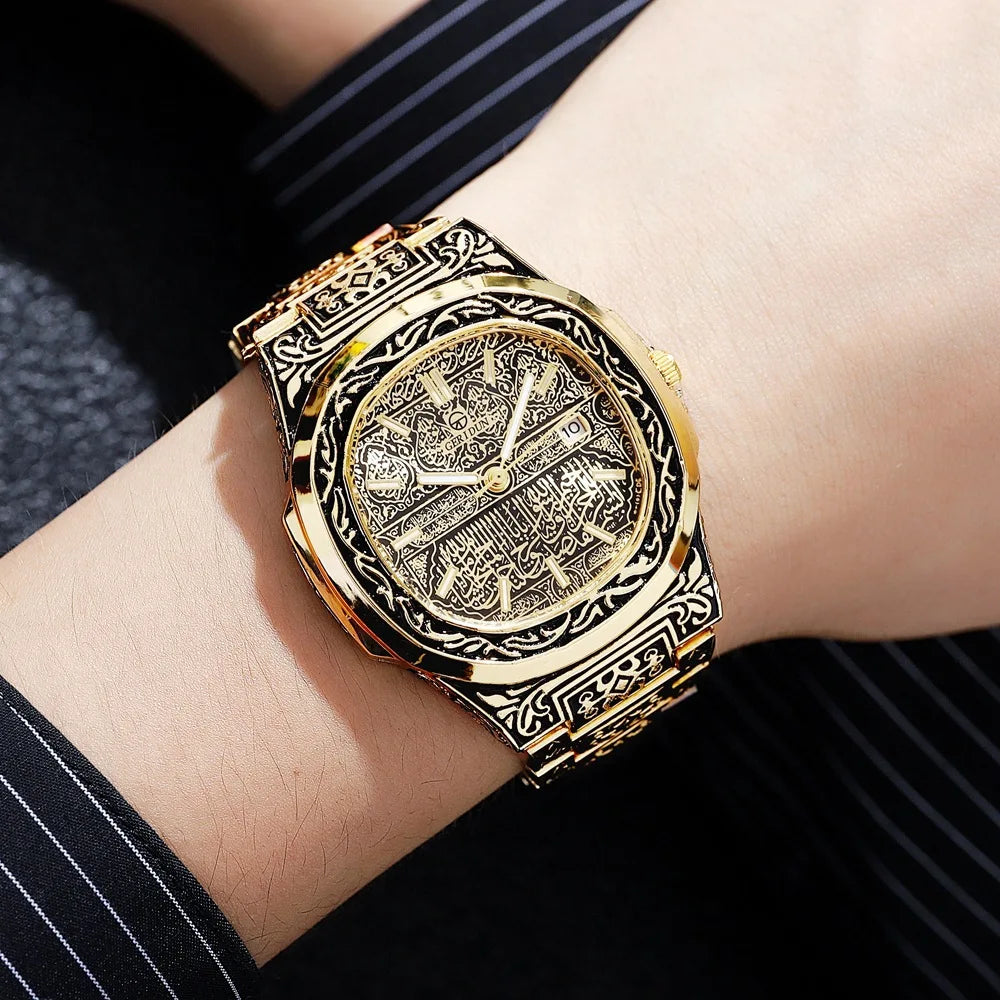 Elegant Men's Quartz Wristwatch - Embossed Stainless Steel