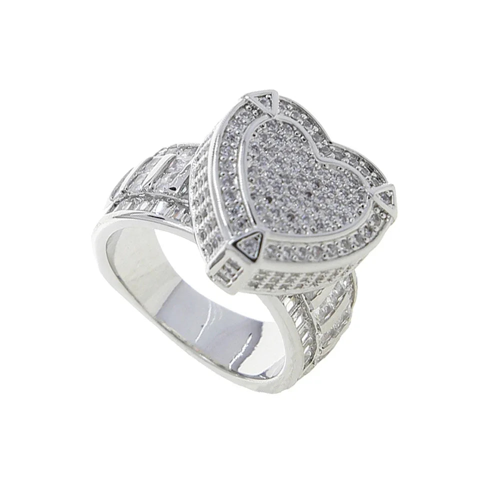 Elegant Iced Out Heart Engagement Ring - Gold & Silver