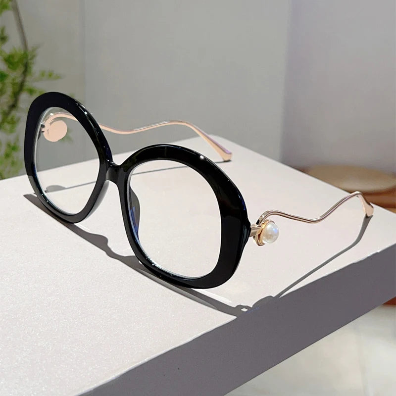 Chic Vintage Round Blue Light Glasses with Pearl Accents