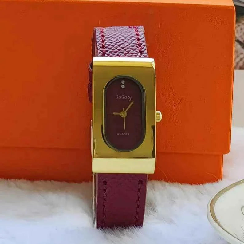 Elegant Ladies Rectangular Quartz Watch - Leather Strap
