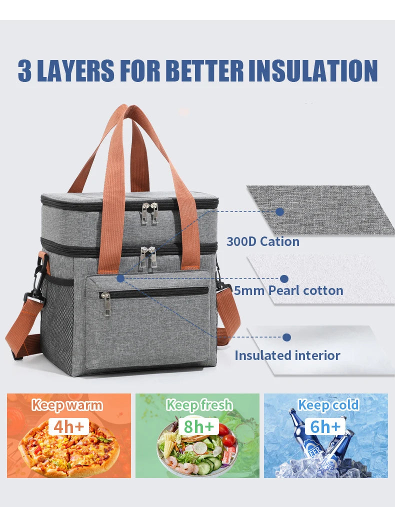Insulated Lunch Bag - Portable Double-Layer Cooler Tote with Large Capacity and Crossbody Strap for Food Storage, Drinks & Meals - Tulique