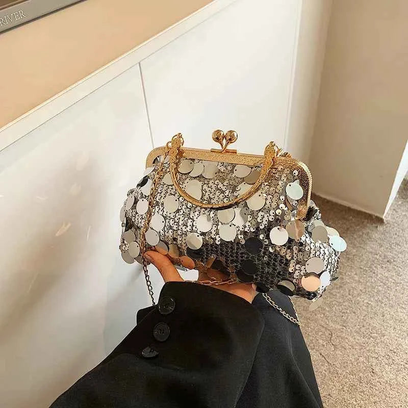 Elegant Sequins Evening Clutch Bag - Bling Chain Strap