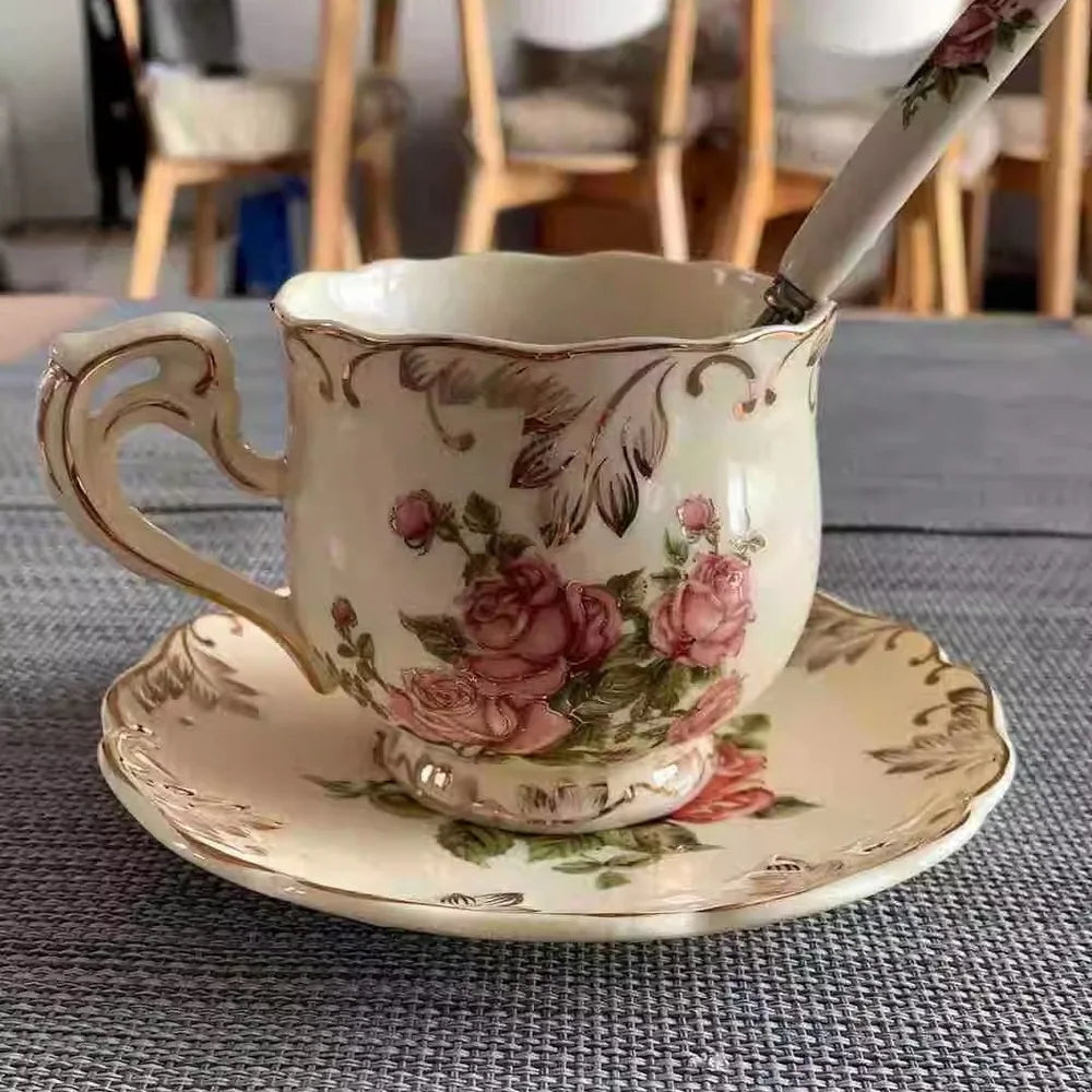 Elegant Flowering Ivory Ceramic Floral Tea Cup Set