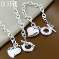 Sterling silver heart set - elegant double heart necklace and bracelet for women and men