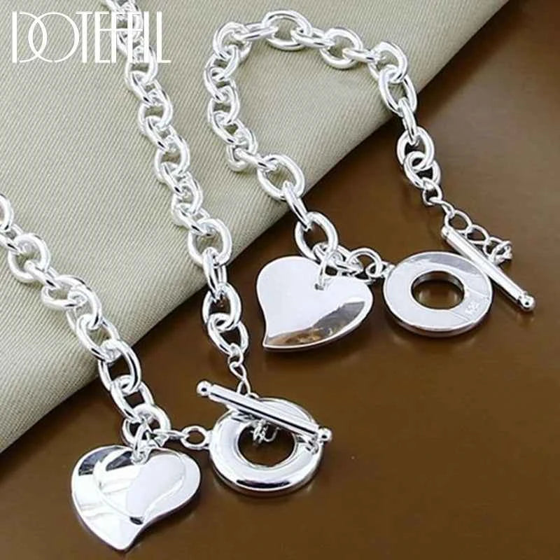 Sterling silver heart set - elegant double heart necklace and bracelet for women and men