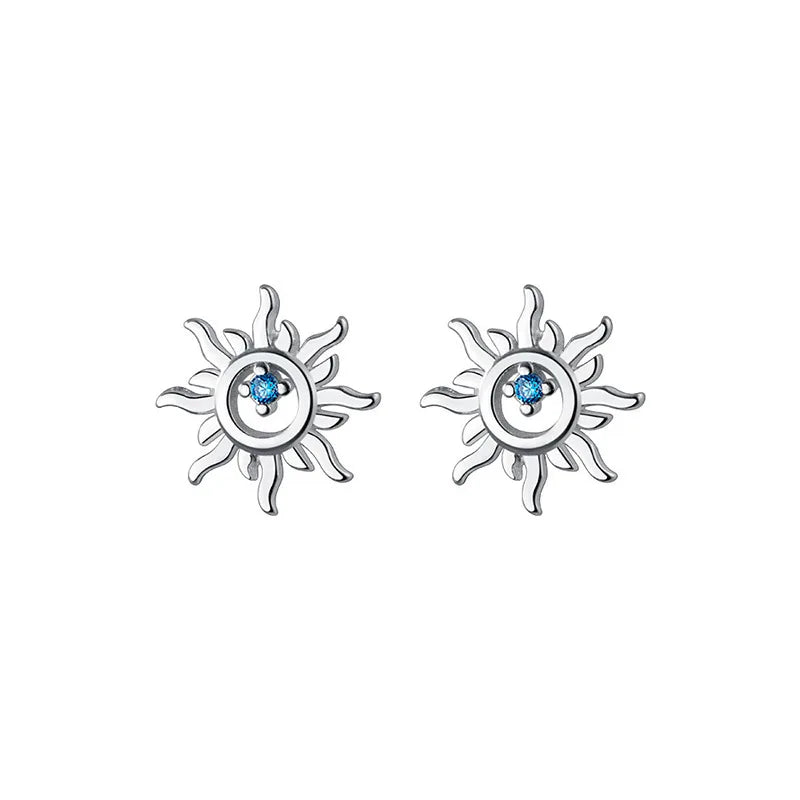 Elegant Sterling Silver Blue Zircon Sun Stud Earrings