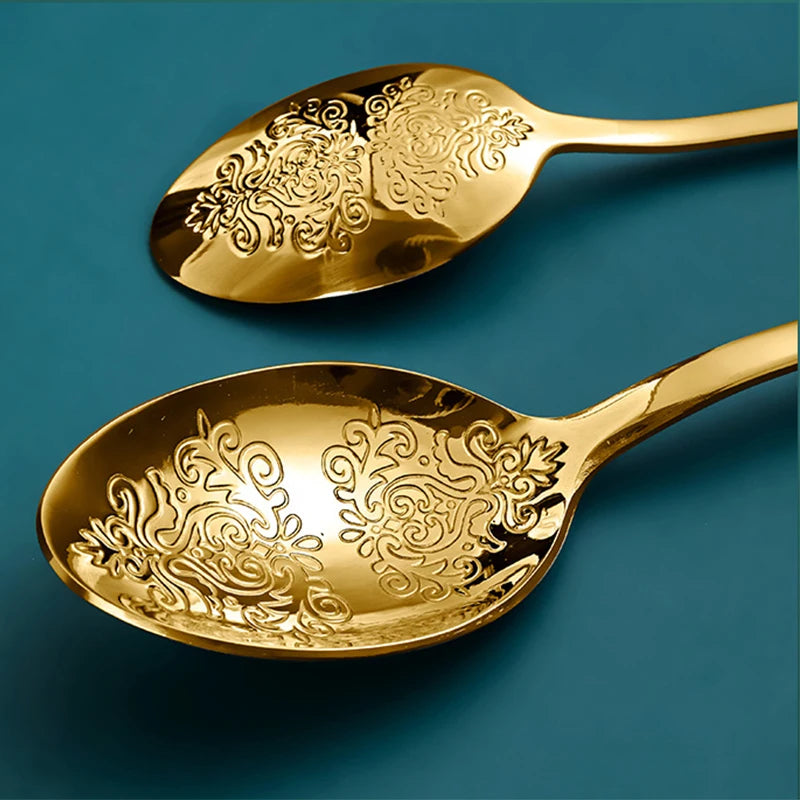 Vintage carved flatware - gold and silver 304 stainless steel cutlery set with mirror polish