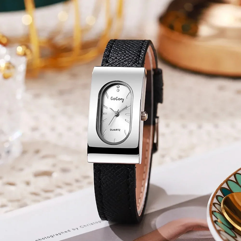 Elegant Ladies Rectangular Quartz Watch - Leather Strap