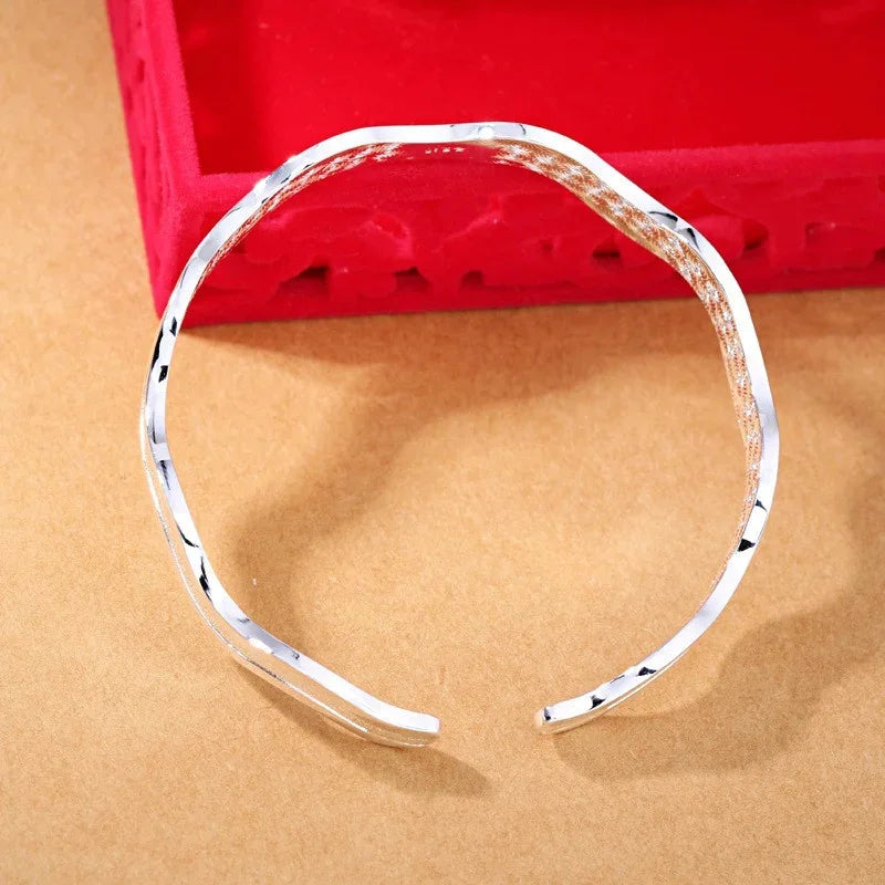 Elegant Wavy Open Bangle Bracelet - Frosted Sterling Silver