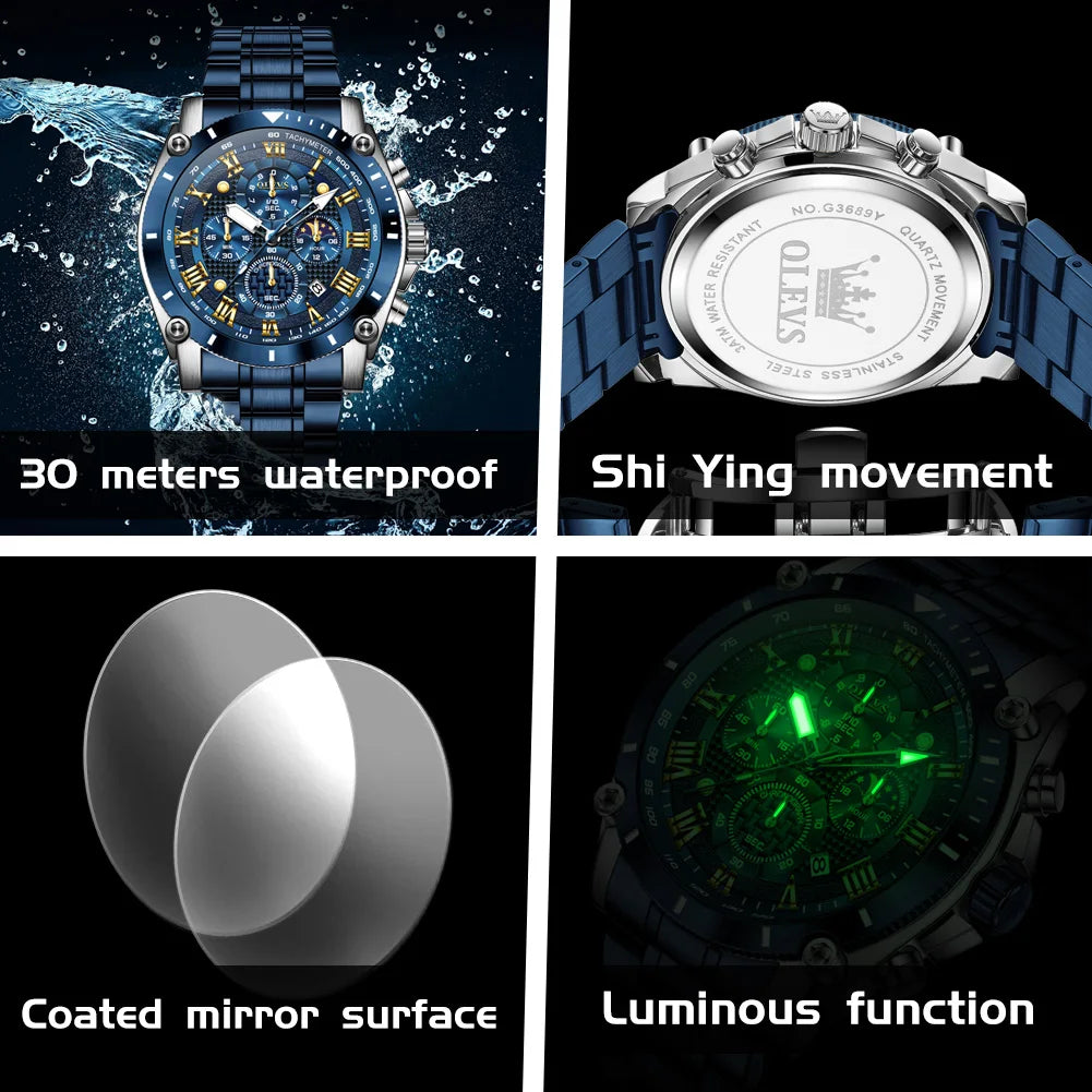OLEVS Watches Man 3689 Multifunctional Sports Quartz Watch 30m Waterproof Luminous Date Mens Watch Original Business Brand - Tulique