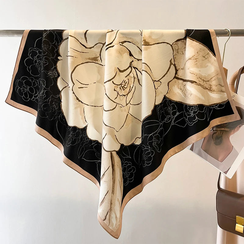Luxury Square Silk Scarf - Elegant Tree Print Neck Shawl