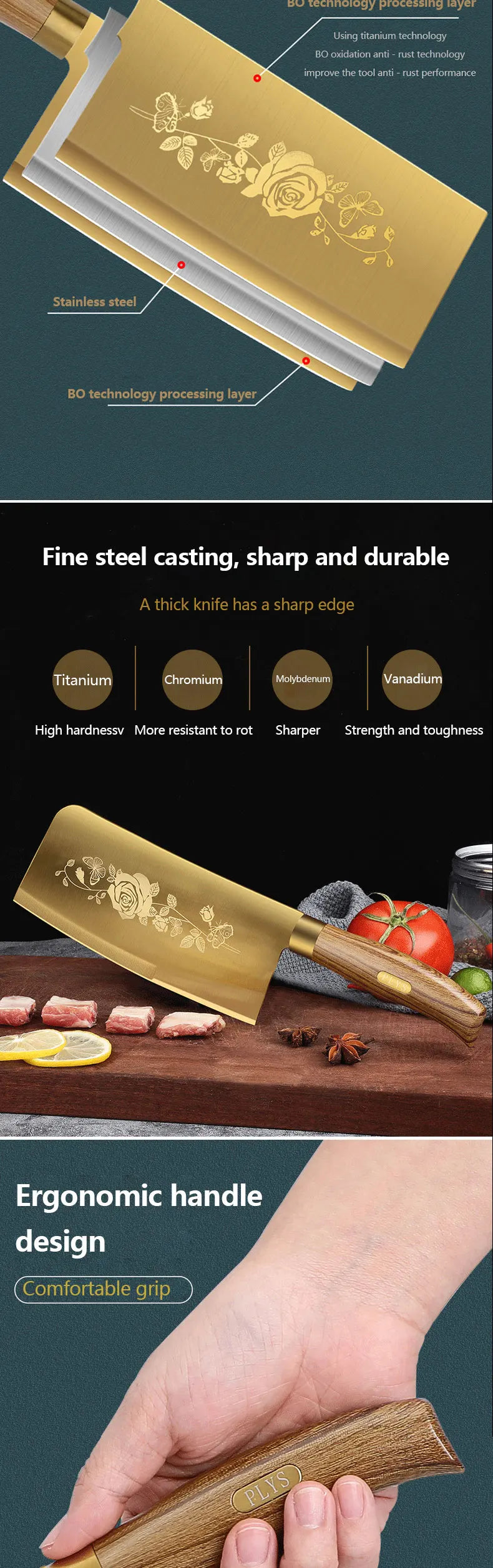 Luxury 4-Piece Chef Knife Set - Golden Rose Pattern Stainless Steel