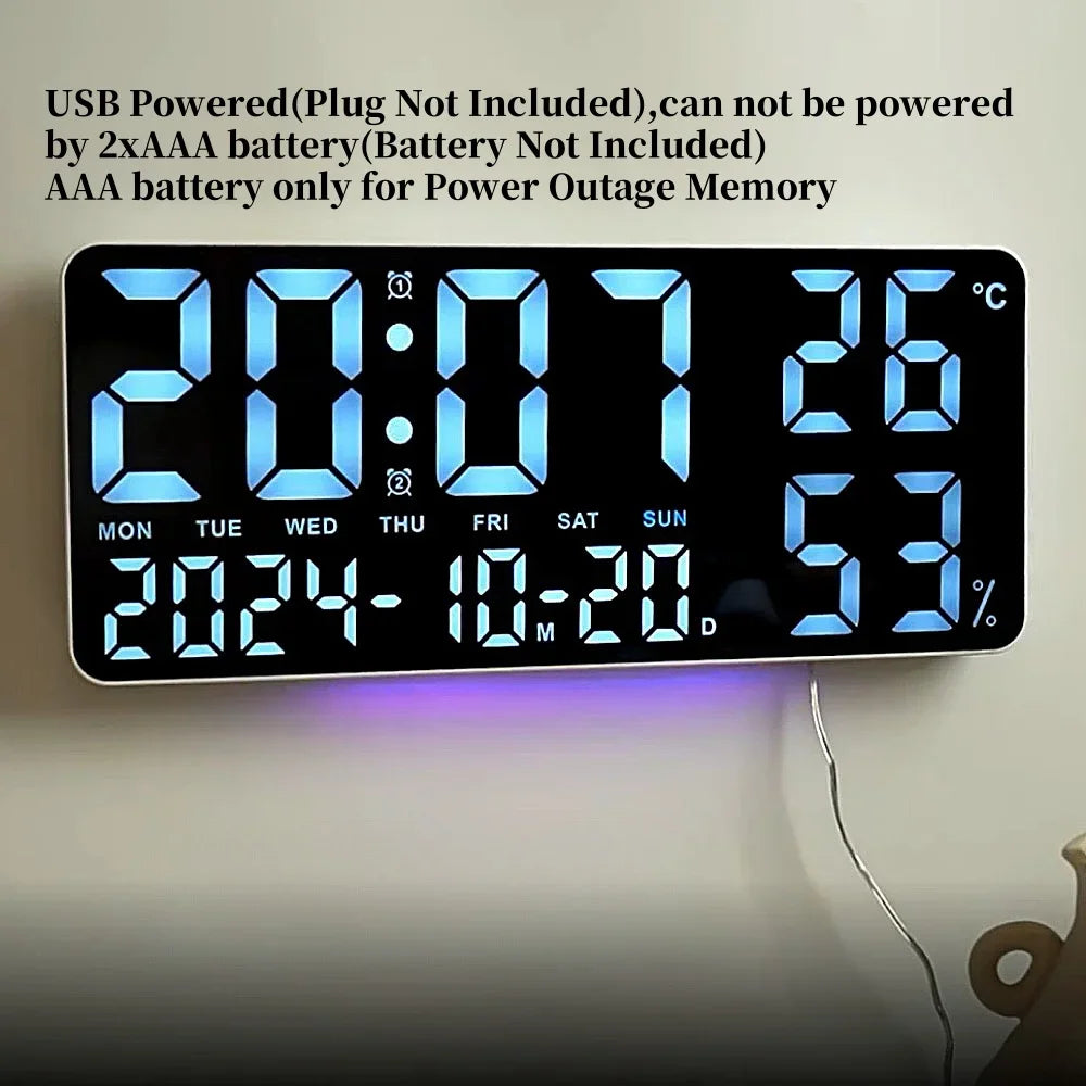Premium Large Digital Wall Clock - 7-Color Mood Light & Dual Alarm
