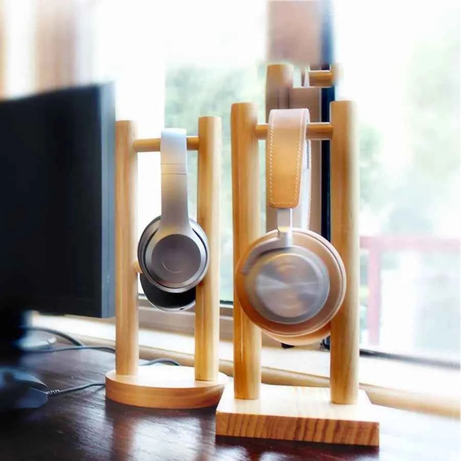 Solid wood headphone stand - minimalist walnut desk display with universal fit