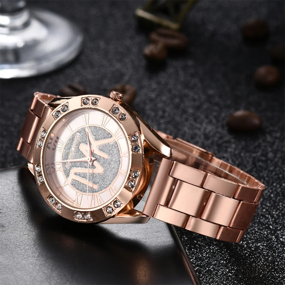 Elegant Women's Gold Quartz Watch with Diamond Accents