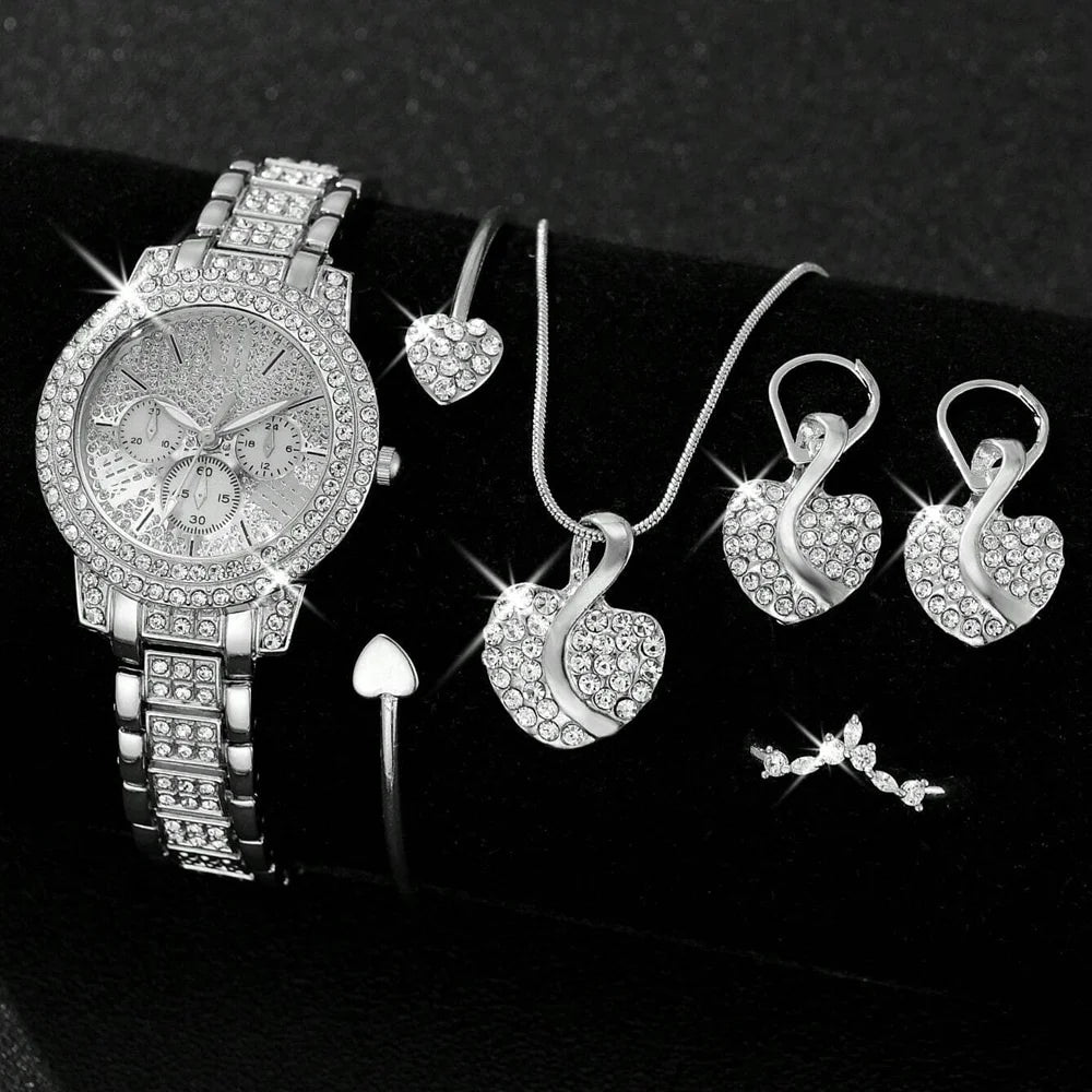Elegant Women's Quartz Watch & Luxury Jewelry Set