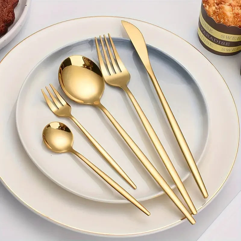 Gold dinnerware set - 30-piece premium stainless steel cutlery with mirror finish
