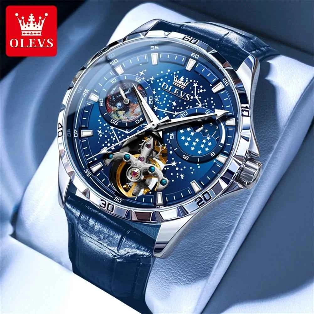 OLEVS 6689 luxury men's moon phase watch with skeleton flywheel and starry sky dial