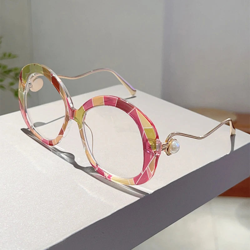 Chic Vintage Round Blue Light Glasses with Pearl Accents