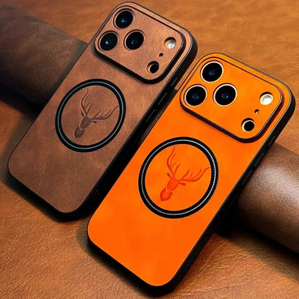 Luxury PU Leather Deer iPhone Case - MagSafe & Shockproof Cover