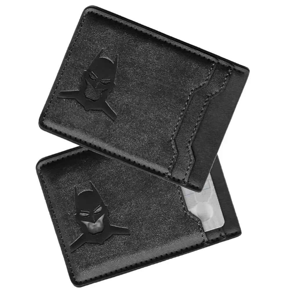slim leather card holder - black minimalist card case with superhero mask detail